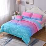 Keyroal 6Pcs Glitter Comforter Set with Sheets for Teens Girls Kids, Colorful Gradient Glitter Themed Bed in a Bag Twin Size, Pink Teal 3D Sparkly Galaxy Bedroom Decor Bedding Set