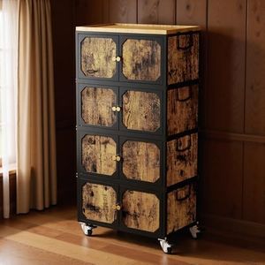 Wofufuza 4 Tier Storage bins with wheels, Durable Metal Frames, Storage Bins with Magnetic Wooden Door, Vintage and warmth, Storage Cart for Living Room