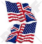 USA United States America & British Union Jack Waving Flag, US & UK 3" (75mm) Vinyl Bumper Stickers, Decals x2