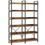 Seventable Bookshelf with 4 Hooks, 6-Tier Bookcase, Industrial Bookshelf, Vintage Storage Rack with Open Shelves, 67" Rustic Wooden Standing Bookshelves, 43.3” Wide Display Rack for Living Room