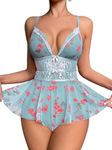 LUXZII Babydoll Lingerie for Women, Sexy Babydoll Sleepwear Lingerie Night Dress, Honeymoon Valentine Special Night Wedding Lingerie Babydoll for Women Lace (Blue)