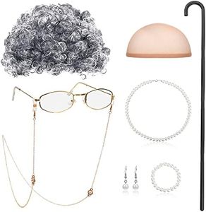 BBTO Old Lady Cosplay Set Grandma Gray Wig for Kids Women Walking Cane Glasses Chain Cords Faux Pearl Bead Necklace