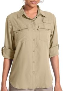 Toomett Womens Safari Shirts Quick Dry UPF 50 Fishing Shirts Lightweight SPF Long Sleeve Sun Protection Shirts,F5026,Khaki,XXL