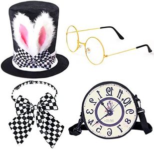 Keymall White Rabbit Costume Accessory Set 4 Pieces Bunny Ear Top Hat Bowtie Round Glasses Clock Props For Easter Halloween