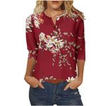 My Orders Placed Women Casual Tops 3/4 Sleeve Shirts Crew Neck Loose Floral Tshirt Basic Tunic Tee Three Quarter Length Sleeve Blouses(Wine,Large)