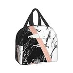 Chic Black White Marble Color Block Rose Gold Insulated Lunch Bag Cooler Tote with Front Pocket Water-Resistant Thermal Leak-Proof Lunch Organizer for Woman Man Outdoor School Work Pinic or Travel