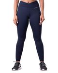 Womink Women's Sports Tights I Polyester Plain High Waist Stretchable Ankle Length Workout Leggings with Pockets I Ultimate Comfort & Support Activewear Pants for Gym Yoga Zumba Girls (Medium, Navy)