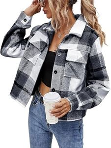 Binshre Womens Fashion Cropped Plaid Shacket Flannel Long Sleeve Button Down Wool & Pea Coats for Women 2022 Black M US 8-10