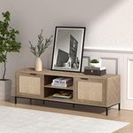 Anmytek Rattan TV Stand for 65 Inch TV, Mid Century Modern Entertainment Center with Natural Rattan Door & Herringbone Texture Large TV Console Table for Living Room, Natural Oak