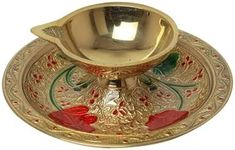 Small Diya Pooja Minakari Diya Puja Item Religious Brass Oil Lamp Essential Aarti Diya Lighting Accessories Pooja Kit Lanterns Lamps Indian Traditional Festival Diwali Decoration(Size:-3'')(Golden)