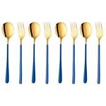 YELONA Set of 8 Premium Gold Titanium Plated Stainless Steel Cutlery, Flatware & Tableware (Contains: 4 Master Spoons, 4 Master Forks) - (Golden & Persian Blue)