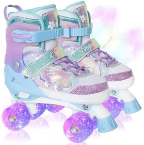 Kids Roller Skates for Girls Boys - Purple for Big Kids Age 7 8 9 10 - Adjustable All Light up Wheels Butterfly and Flower Indoor Outdoor Sports Birthday Gift for Son and Grandson