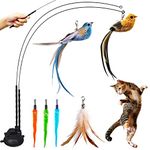 Cat Feather Toys, Cat Toys Wand, Interactive Cat Toy with Super Suction Cup, 2 PCS Cat Wand Toy and 6 PCS Feather Replacements with Bell, Interactive Cat Toy Kitten Toys for Indoor Play Chase Exercise (Natural)