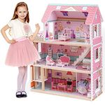 ROBUD Wooden Dolls House Girls Toys, Dollhouse With Elevator & Furniture, 3-Story 15 Pieces Accessories Toy House for Kids Age 3+, Doll House Gift for 3+ Year Old Girls