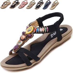 Acfoda Sandales Femme Été Confortable Plats Nu Pieds Cuir Tong de Plage Mode Claquettes Bout Ouvert avec Strass Noir 38 = FabricantTaille 39