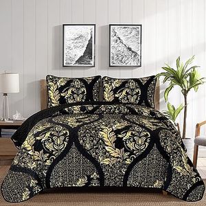 DJY Black Quilt Set California King Size, Boho Gold Damask Bedspread Coverlet Set Soft Lightweight Microfiber Luxury Bedding Set 3 Pieces for All Season (106"x96")