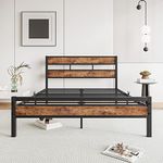 HOJINLINERO Double Bed Frame with Wooden Headboard,Heavy Duty Metal Platform Bed Frame Double Bed,Mattress Bed Base,Metal Slat Support,Under Bed Storage,Solid Double Beds,Black+Rustic Brown