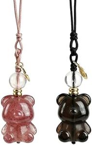 ANNIE WU Strawberry Quartz & Smoky Quartz Bear Charms, Couple Crystal Lanyard Charms, Anti-Lost Phone/Keychain Accessories, Gift Box Included