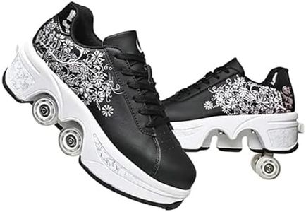 Roller Skates for Women & Girls, Double-Row Deform Quad Skates, Automatic Walking Shoes with Detachable Wheels, Unisex Skating Shoes (Black Flower, US 8.5)