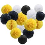 Yellow White Black Party Decorations 16pcs Paper Pom Poms Honeycomb Balls Lanterns Tissue Fans for Bee Day Party Batman Birthday Graduation Baby Shower