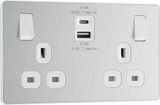 BG Electrical Double Switched Power Wall Plug Socket with Fast Charge Type A and Type C USB Charging Ports, Evolve, Brushed Steel, 13A, 22W, PCDBS22UAC22W