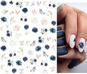 Flower Nail Art Stickers Decals, Watercolor Royalblue White Flowers 3D Nail Stickers 6PCS Butterfly Floral Leaves Nail Decals for Acrylic Nails Summer Nail Art Decorations Supplies Manicure Decor Tips