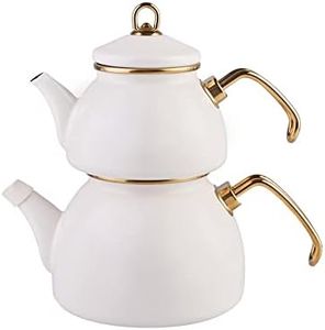 Karaca Retro Enamel Teapot Set, Titanium, Tea Infuser 1.1 L - 2.4 lb, Water Pot 2.3 L - 5.1 lb, Cream, Suitable for Induction, Tea Maker, Kettle, Turkish Tea Kettle, Tea Maker