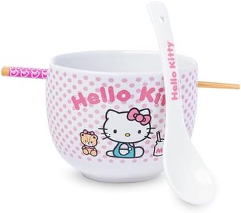 Silver Buffalo Sanrio Hello Kitty Pink Polka Dot Teddy and Strawberry Milk Ceramic Ramen Noodle Rice Bowl with Chopsticks and Spoon, Microwave Safe, 20 Ounces