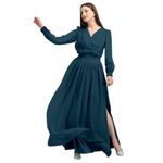 Vendor Villa Georgette V-Neck Long Flared Side Slit Teal Color Kurti Dress for Women