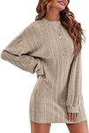 Ekouaer Women's Nightgown Long Sleeve Ribbed Knit Nightshirt Round Neck Sleep Shirt Soft Sweater Dress Khaki L