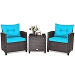 KOTEK 3 Piece Patio Furniture Set, Outdoor Conversation Set with Washable Cushions & Tempered Glass Tabletop, PE Rattan Wicker Bistro Set for Porch, Garden, Balcony (Turquoise)