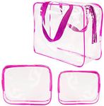 3Pcs Crystal Clear PVC Travel Toiletry Bag Kit for Women Men, Waterproof Vinyl Organizer Clear Makeup Bags with Zipper Handle Straps, Cosmetic Bag Pouch Carry on Airport Airline Compliant Bag Handbag