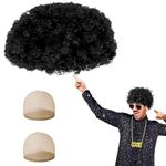 Aomig Funky Afro Wig, 3 Pcs Disco Hippie Costume, Hippie Costume Set, Novelty Men Short Curly Afro Wig, 60s 70s Hippy Fancy Dress Mens Accessories, Mens & Womens Pop Hippie 70s Disco Fever Hair Black