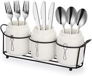 SUMTree 3-Piece Ceramic Silverware with Metal Rack, Utencil Holder Flatware Caddy Spoon Holder Cultery Organizer for Countertop, Kitchen Table, Cabinet or Pantry, White