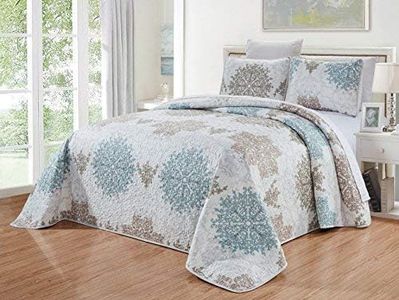 GrandLinen 3-Piece Fine printed Oversize (115" X 95") Quilt Set Reversible Bedspread Coverlet KING SIZE Bed Cover (Blue, White, Grey Scroll)