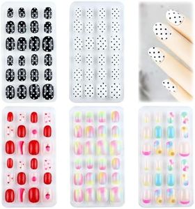 120 Pieces Fake Nails for Girls Black White Polka Dots Kid Nails Press on Pre-glue Children Artificial False Nails Short Oval Full Cover Acrylic Stick on Nail Tips Kit for Women