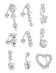 SAILIMUE 9 Pcs Surgical Steel Belly Button Rings for Women 14G Belly Ring CZ Heart Reverse Navel Ring Dangle Belly Piercing Jewelry Pack