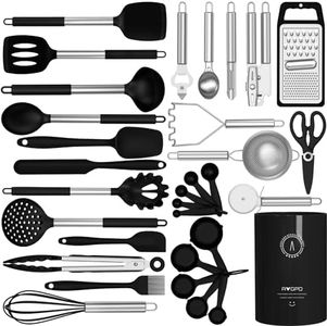 Silicone Cooking Utensils Set - Heat Resistant Silicone Kitchen Utensils for Cooking, Kitchen Utensil Spatula Set w Holder,BPA FREE Kitchen Gadgets Tools for Non-Stick Cookware Dishwasher Safe (Black)