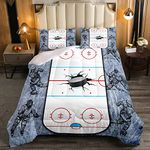 Erosebridal Ice Hockey Comforter Set Queen,Ice Puck Hockey Bedding Set for Teen Boys Kids Men Winter Sports Games Bedding Comforter Sets Ice Hockey Filed Player Quilt Duvet 2 Pillow Cases Navy Blue