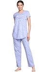 beebelle Women's Cotton Sky Blue & Heart Print Maternity & Feeding Pajama Set T-Shirt & Pajama Night Suit Set 1069, Medium