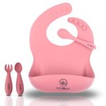 ZoZoBaa Silicone Baby Feeding & Weaning Bib with Fork and Spoon Set| Waterproof, Washable & Reusable,Adjustable Bib with First Stage Feeding Spoons for Infants & Toddler| (1 Set), Dark Red