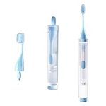 songfir Portable Three in one Travel Toothbrush+one Replacement Brush Head, Upgraded Orthodontic bristles, Built-in Toothpaste Tube, Foldable Toothbrush, Essential Camping Travel Accessory, Blue