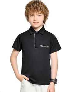 FitsT4 Sports Boy's Polo Shirts Short Sleeve Plaid Trim School Uniform UPF 50+ Moisture Wicking Youth Kids Collared Golf Apparel Black L