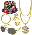 Santoy Retro 80s 90s Hip Hop Rapper DJ Disco Costume Accessories Kit: Color Sun Hat, Sunglasses, Fake Gold Dollar Necklace, Bracelets, Rings for Men and Women's Halloween Cosplay(6PCS)