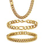 3PCS Cuban Link Figaro Bracelet Necklace, Gold Sturdy 316L Stainless Steel Cuban Link Figaro Chain for Men Jewelry Set with Gift Message Card 8mm, 7 Inches