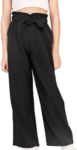 WDIRARA Girl's Paper Bag Waist Belted Wide Leg Pants Casual Elastic High Waist Pants Black 150