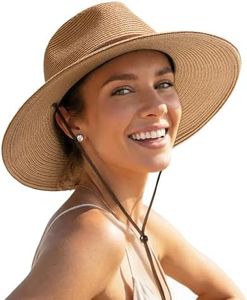 FURTALK Womens Summer Straw Sun Hats Wide Brim Panama Fedora Beach Hat with Wind Lanyard UPF 50+ Khaki