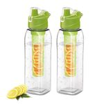 Milton Infuser Pet Water Bottle, 1 Litre Each, Set of 2, Green, Food Grade, Reusable, BPA Free, Recyclable, Leak Proof, Detox, Fruit Infuser