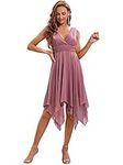 Ever-Pretty Women's Double V Neck Empire Waist Midi Asymmetrial Hem Short Wedding Guest Dresses Orchid 14UK