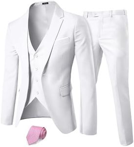 MYS Men's 3 Piece Slim Fit Suit Set, One Button Solid Jacket Vest Pants with Tie Natural White